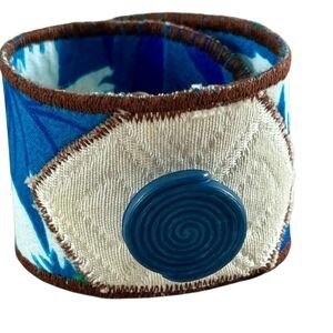 Upcycled Blue and White Fabric Cuff Bracelet